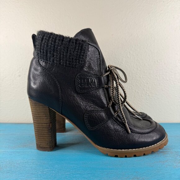 See By Chloe Black Leather Lace-Up Heeled Ankle Boots W/ Knit Cuff Sz 38 US 7.5 - Picture 1 of 9